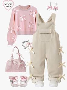 SHEIN Playful Pals 女嬰燈芯絨吊帶褲，可愛趣味風格，米色配蝴蝶結裝飾，前口袋寬鬆直筒連身褲，適合上學、家庭拍照、秋季 - 杏色 - 查看 3