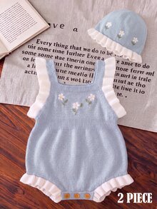 SHEIN LMoss Kids 女嬰新生兒碎花針織秋季連身衣，拼色設計，蕾絲飾邊，適合滿月、生日及其他場合，連身衣 + 帽子 2件套 - 霧霾藍 - 查看 3