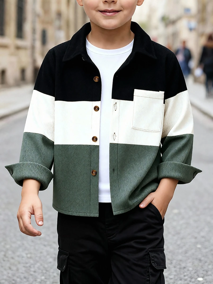 SHEIN Genkimix Kids Young Boy Autumn Casual Colorblock Patchwork Jacket - Green - View 1