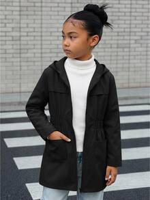 SHEIN 兒童青少年女孩時尚休閒秋冬拼接色拉鍊口袋收腰中長夾克，秋季冬季返校萬聖節慶典穿搭 - 黑色 - 查看 1