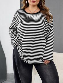SHEIN CURVE+ 大尺碼休閒落肩寬鬆條紋T恤，適合女性秋冬服飾 - 黑與白 - 查看 8