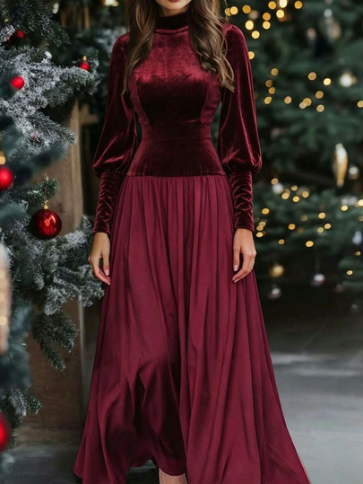 LUMIGAL Women's Round Neck Stand Collar Long Sleeve Patchwork Ruffle Romantic Elegant Vacation Style Casual Outing Travel Mid-Length Dress With Slit And Cinched Waist, All Seasons Spring Summer Autumn Winter Christmas Halloween Party Birthday Polka Dot Vintage Dress