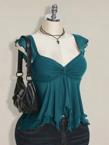 SHEIN ICON 大尺碼女款前抓褶修身性感網紗拼接荷葉袖露背休閒度假短版背心，秋季返校穿搭 - 水鴨藍 - 查看 5