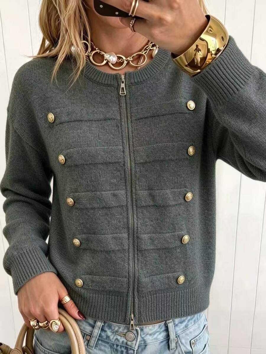Modelyn 拿破崙優雅風金屬鈕扣設計雙面拉鍊開襟衫 女款時尚休閒寬鬆百搭長袖針織外套上衣 - 深灰色 - 查看 1
