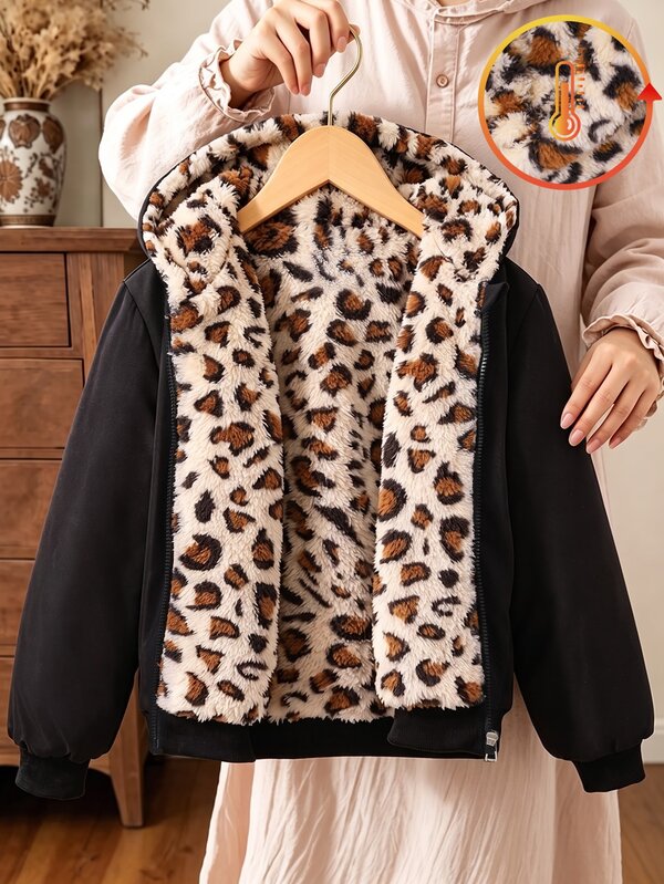 SHEIN Girls' Casual Fashion Woven Fabric Hooded Jacket With Leopard Print Fleece Lining, Loose Fit, Comfortable For Autumn/Winter Daily Commute, Outdoor Play, Outings, Gatherings And Photo Shoots