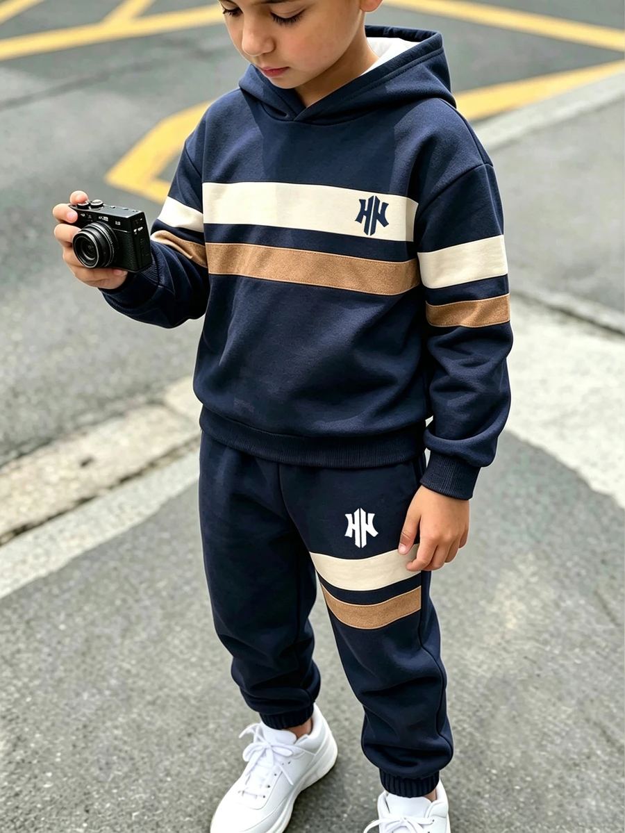 青少年男孩休閒舒適時尚極簡條紋拼接連帽衛衣套裝,適合戶外穿著與運動,秋冬款 - 彩色 - 查看 1