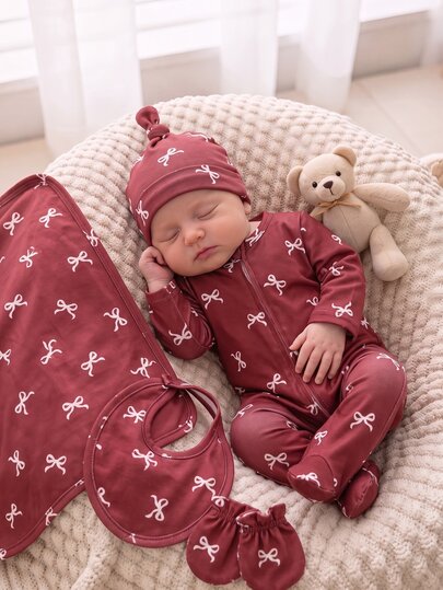(Random 5-In-1) Newborn Comfortable Soft Cozy Multi-Color Apricot Pink Khaki Floral Heart Bow Ditsy Floral Heart All-Over Print Long Sleeve Footed Zipper Romper
