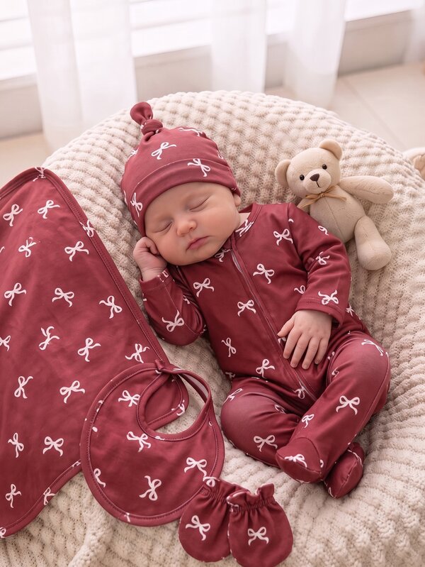 (Random 5-In-1) Newborn Comfortable Soft Cozy Multi-Color Apricot Pink Khaki Floral Heart Bow Ditsy Floral Heart All-Over Print Long Sleeve Footed Zipper Romper