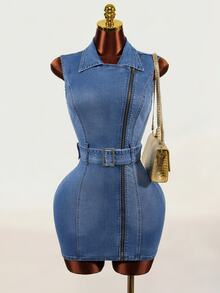 Mistrie Women's Fashion Asymmetric Zipper Denim Dress - Blue - View 5