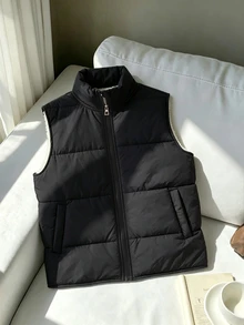 SHEIN 少女休閒時尚梭織布料 3 合 1 絎縫內裡對比色抓絨背心外套，寬鬆版型，舒適，適合秋冬日常通勤、戶外玩耍、出遊、聚會、拍照 - 黑色 - 查看 3