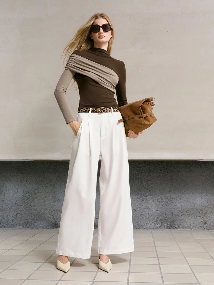 MOTF PREMIUM WOMEN'S COLORBLOCK FITTED RUCHED LONG SLEEVE T-SHIRT - Brown - View 1
