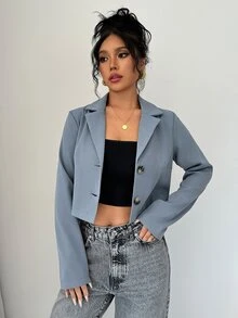 Elenzga 女款咖啡棕色短版單排扣長袖西裝外套 - 藍色 - 查看 3