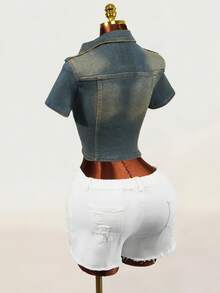 SHEIN Jaket Denim Pendek Slim Fit dengan Hiasan Rhinestone untuk Wanita di Musim Panas - Dark Wash - View 2