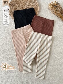 SHEIN 4件組女嬰基礎款多色緊身褲，黑色、棕色、卡其色、條紋圖案，適合學校、日常穿著、外出及各種場合 - 彩色 - 查看 4