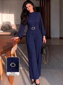 Modelyn New Women's Fitted Woven Elegant Versatile Daily Decorative Button Long Jumpsuit - Navy Blue - View 6
