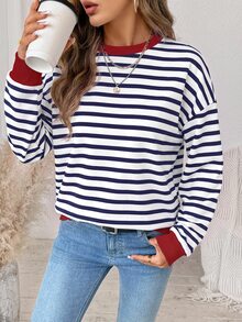 SHEIN LUNE 女款休閒極簡條紋拼色長袖運動衫 - 白色 - 查看 4