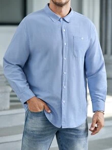EASEVO 男士大尺碼純色長袖單排扣休閒口袋襯衫 商務辦公淺藍色秋季 - 藍色 - 查看 1