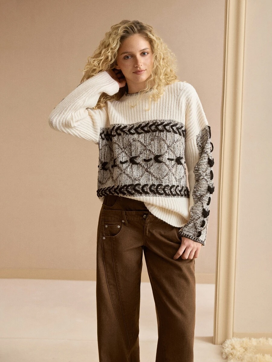 MOTF PREMIUM WOMEN'S AUTUMN/WINTER COLORBLOCK DROP SHOULDER LOOSE SWEATER - Multicolor - View 1