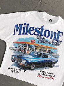 StoneGrade Men's Letter & Car Graphic Print Short Sleeve T-Shirt - Blue - View 2