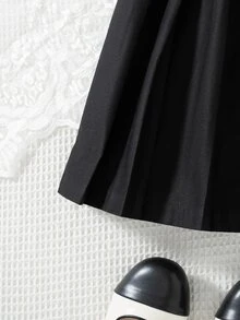 SHEIN 女童基礎款黑色百褶裙，棉混紡面料，適合學校、外出、玩耍與日常穿著，秋冬款 - 黑色 - 查看 5