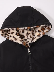 SHEIN 女童休閒時尚梭織連帽外套，豹紋抓絨內裡，寬鬆版型，舒適適合秋冬日常通勤 - 黑色 - 查看 6