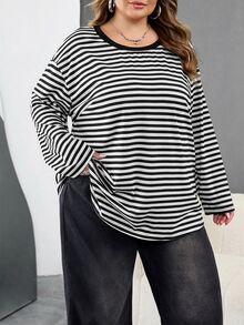 SHEIN CURVE+ 大尺碼休閒落肩寬鬆條紋T恤，適合女性秋冬服飾 - 黑與白 - 查看 4