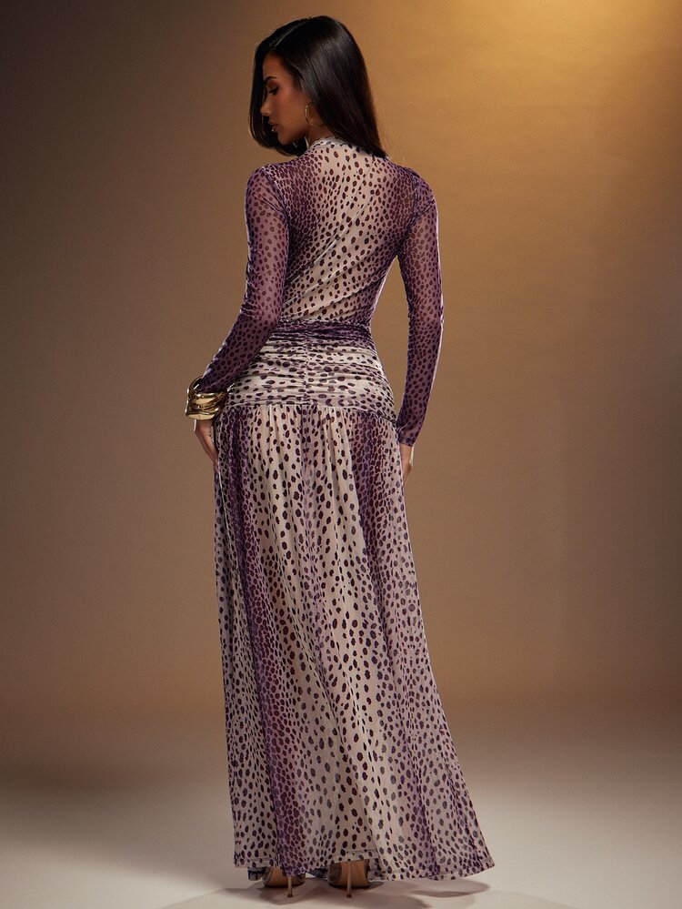 Hauture Women's Sexy Abstract Animal Print Mesh High Slits Long Sleeves Long Dress - Multicolor - View 2