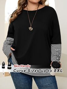 SHEIN CURVE+ 大尺碼女款圓領拼接條紋 2 合 1 休閒 T 恤 秋季 - 彩色 - 查看 1