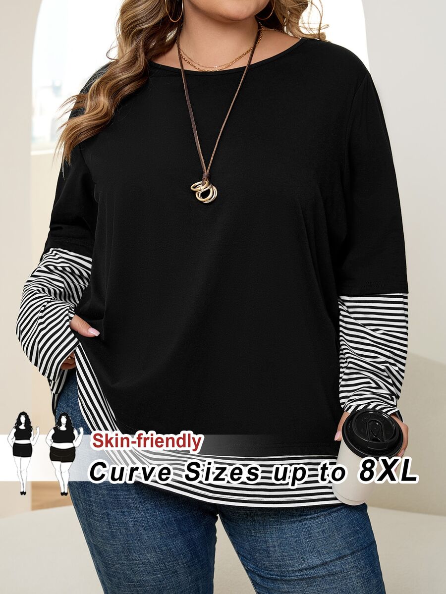 SHEIN CURVE+ 大尺碼女款圓領拼接條紋 2 合 1 休閒 T 恤 秋季 - 彩色 - 查看 1