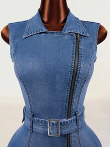 Mistrie Women's Fashion Asymmetric Zipper Denim Dress - Blue - View 7