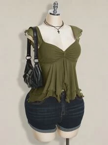 SHEIN ICON 大尺碼女款前褶皺修身性感網紗拼接荷葉袖露背休閒度假短版背心，秋季返校穿搭 - 軍綠色 - 查看 6