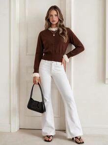 KARISMINA Brown Fake Two Piece Ruffle Trim Button Cardigan For Gathering Shopping Preppy Style,Fall Winter Sweater,Halloween,Country,Daily Commute,New Year - Brown - View 8