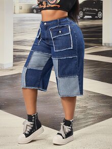 SHEIN CURVE+ Festival Plus Size Women's Blue Non-Stretch Denim Patchwork Frayed Hem Capris - Dark Wash - View 4