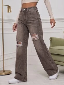 Jeanoix Washed Denim Blue High Waist Ripped Wide Leg Jeans - Brown - View 3