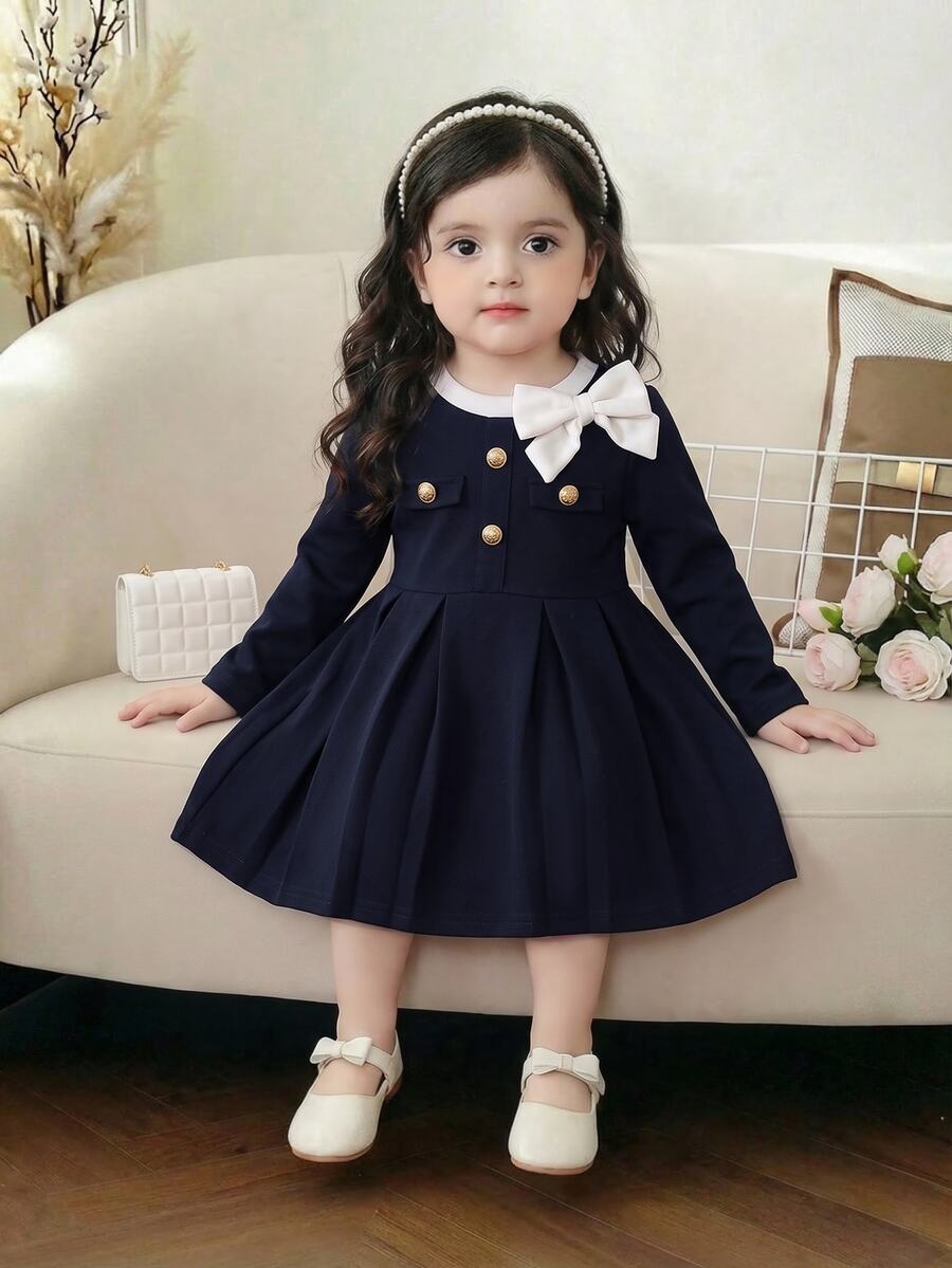 Baby Girl Cute Elegant Colorblock Bow & Button Design Dress Robe Elegante Chic - Blue - View 1