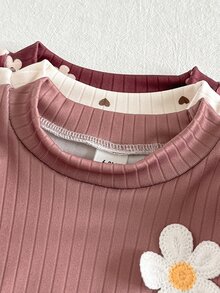 SHEIN 3件組女嬰粉色與白色條紋秋季可愛畢業返校軟米色卡其印花娃娃上衣露肩上衣 - 彩色 - 查看 3