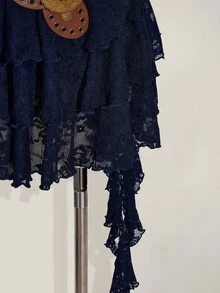 SHEIN ICON 大尺碼度假風休閒性感白色蕾絲波浪下擺裙，附安全內褲防走光，適合夏季、音樂節、返校季 - 藏蓝色 - 查看 9