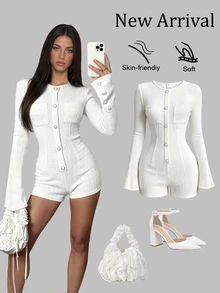 Sweetra Autumn/Winter Fashion New French Chic Round Neck Single-Breasted Waist-Cinching Slimming Exquisite Faux Pearl Button Decor Flared Long Sleeve Women's Romper - White - View 3
