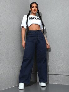 SHEIN CURVE+ Cowgirl Outfit Plus Size Women's Blue Non-Stretch Slim Straight Leg Jeans - Dark Wash - View 4