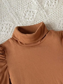 Young Girls Young Girl Coffee Color Knitted Base Layer T-Shirt + Shorts Skirt 2pcs Set, Comfortable Soft Casual Daily Versatile - Coffee Brown - View 4