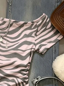 SHEIN Women's Summer Fashion Zebra Print Asymmetric Neck T-Shirt - White - View 4