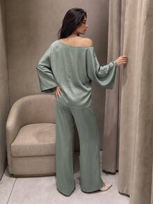 Modelyn Women's 2 Pieces Set, Elegant One-Shoulder Lace Trim Bell Sleeve Loose Top And Wide Leg Sage Green Pants, Suitable For Autumn Office, Party, Outing - Mint Green - View 2