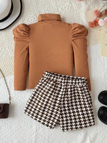 Young Girls Young Girl Coffee Color Knitted Base Layer T-Shirt + Shorts Skirt 2pcs Set, Comfortable Soft Casual Daily Versatile - Coffee Brown - View 2
