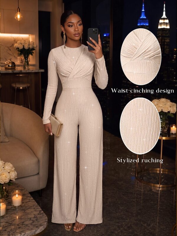 SOLERSUN Women's Autumn/Winter Casual Commute Party Textured Elastic Sequin Fabric Round Neck Long Sleeve Ruched Wide Leg Jumpsuit