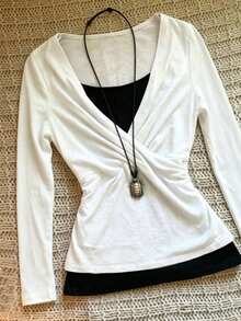 SHEIN Unity Women's White And Black Contrast Knotting Casual Elegant T-Shirt, Autumn/Winter Fall Cloth Office Brunch - Black and White - View 8