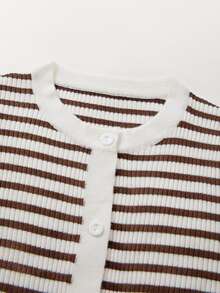 SHEIN Autumn Winter Casual Fashion Black White Striped Round Neck Single Breasted Flared Hem Slim Fit Long - Coffee Brown - View 5