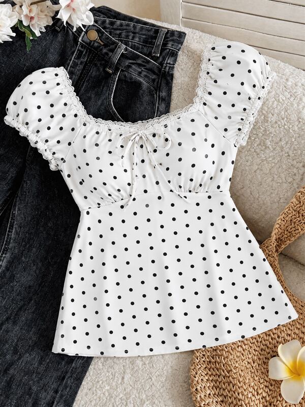 Teen Girls Blouses Ditsy Floral Lace Trim Short Sleeve T-Shirt