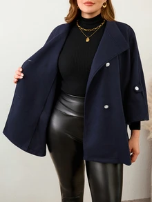 SHEIN LUNE CURVE Women's Plus Size High Neck Raglan Sleeve Cape Elegant Commute Loose Overcoat, Double-Breasted, Suitable For Autumn/Winter Wear - Navy Blue - View 6