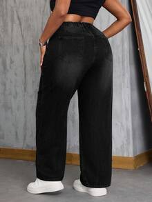 SHEIN CURVE+ Cowgirl Outfit Plus Size Women's Black Non-Stretch Slim Straight Leg Jeans - Black - View 2