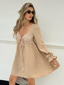 Serisse Women's Elegant Lace Patchwork Dress - Apricot - View 5